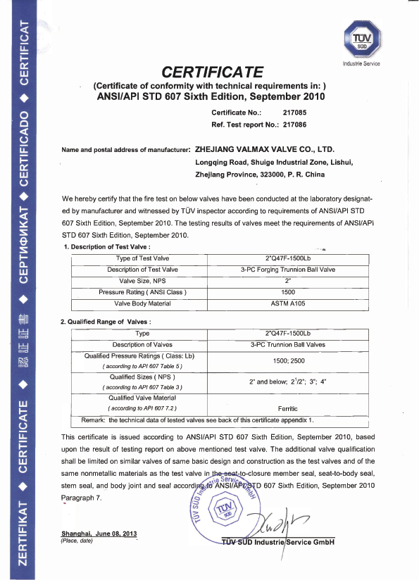 ANSI/API 607 Certificate - 1500LB